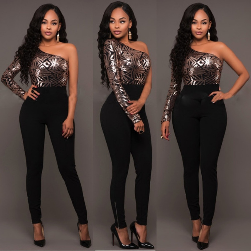 Black and Gold Sequined Jump Suit